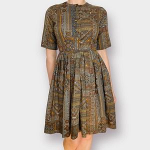 60s Carol Rodgers Brown Gray Pattern‎ Dress